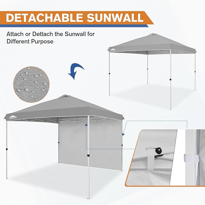 EAGLE PEAK Pop Up Canopy Tent with 1 Sidewall, Easy Setup Event Tent, Outdoor Sun Shade, Wheeled Carry Bag, Stakes and Guy Ropes, Instant Canopy 10x10, Light Gray
