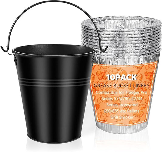 Drip Grease Bucket & 10 Pack Bucket Liners Set Compatible for Pit Boss Traeger Oklahoma Joe's Camp Chef Z Grill and More Pellet Grills Replacement Parts