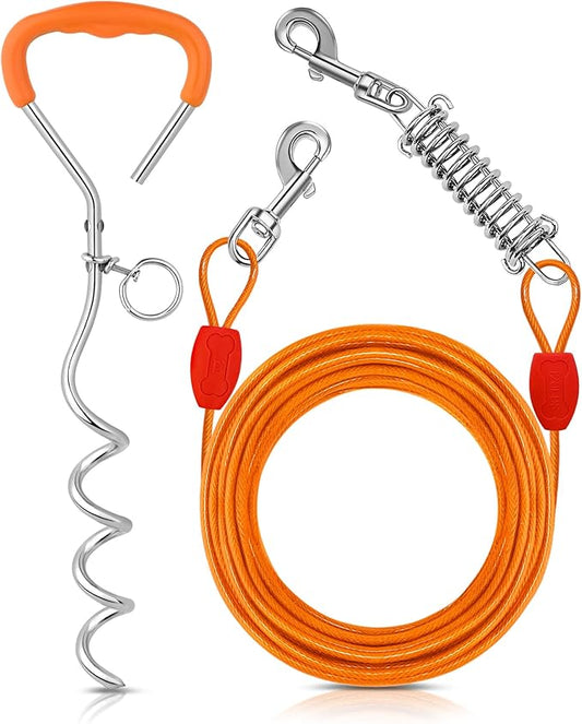 Petbobi Dog Tie-Out Cable and Stake - 40ft Heavy Duty Cable with Spring, No Tangle, 16in Ground Stake, Ideal for Yard, Camping and Beach, Suitable for Medium to Large Dogs Up to 120 lbs, Orange