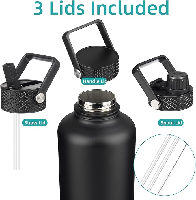 Insulated Water Bottle with Straw,87 oz 3 Lids Water Jug with Carrying Bag,Paracord Handle,Double Wall Vacuum Stainless Steel Metal Flask,Black