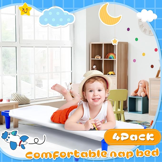 8 Pcs Stackable Daycare Cots for Kids with Sheets 54" l x 23" W T Kids Cots Furniture Bed Frames Headboards Footboards for Sleeping and Daycare (Blue)