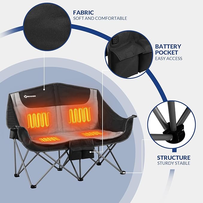 ANTARCTICA GEAR Heated Double Camping Chair, 2-Person Folding Chair with 12V 16000mAh Battery Pack, Heated Portable Loveseat Chair, for Outdoor
