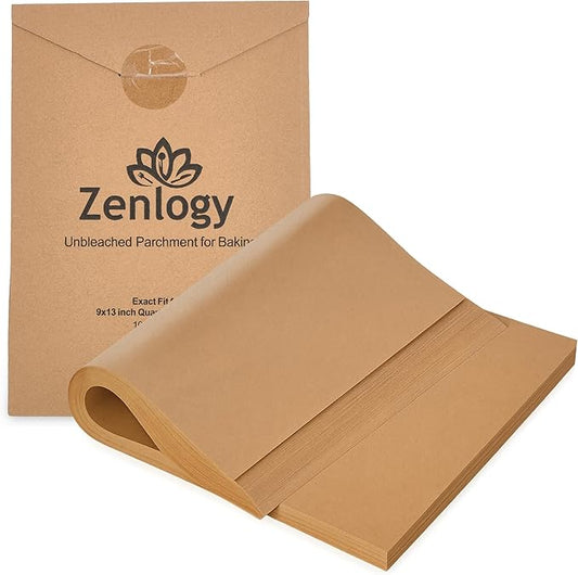 Zenlogy 9x13 Parchment Paper (100 sheets) - Unbleached, High Heat, Non-stick, Pre-cut Baking Paper for Quarter Sheet Pans - Great for Baking, Roasting, Wrapping, Dehydrator, and so much more