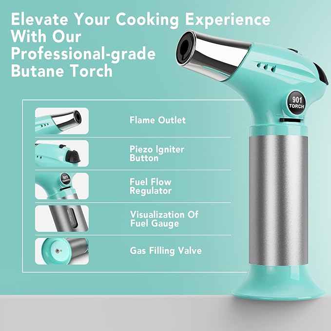 Sondiko Blow Torch with Fuel Gauge S901, Refillable Butane Torch Lighter with Adjustable Flame for Creme Brulee DIY, Creme Brulee, BBQ and Baking, Butane Gas Not Included
