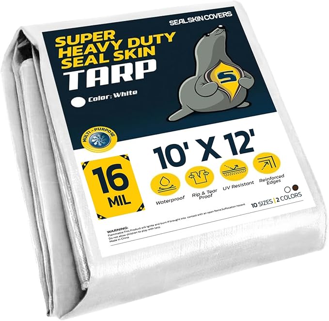 Seal Skin Covers Heavy Duty Waterproof Tarp 10x12 FT, 16 Mil 8 OZ 160 GSM Thick White Poly Tarp with Rustproof Grommets, Tear-Proof Cover with Reinforced Edges for Camping, Pool, Canopy Use