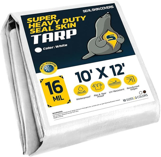 Seal Skin Covers Heavy Duty Waterproof Tarp 10x12 FT, 16 Mil 8 OZ 160 GSM Thick White Poly Tarp with Rustproof Grommets, Tear-Proof Cover with Reinforced Edges for Camping, Pool, Canopy Use