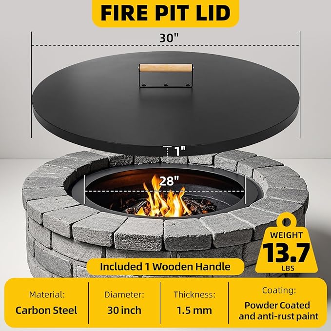 G GOOD GAIN Firepit Lid Round 30 Inch - Rust Resistant Fire Pit Lid Cover with Wooden Handle & Gloves, Fire Pit Snuffer Lid for Courtyards, Patio, Winter Cold Protection. Fits Fire Pits Up to 28"