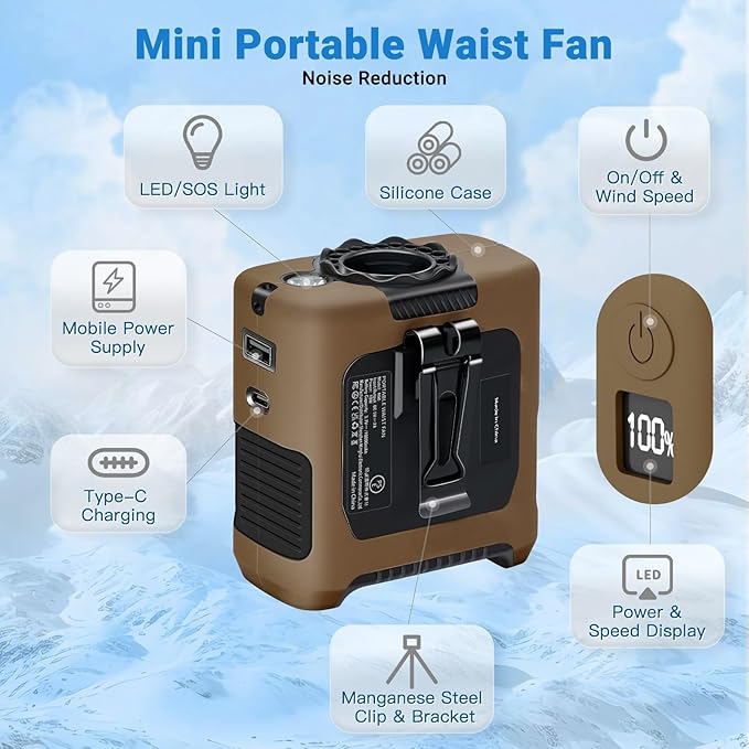 Portable Fans Strong Airflow Personal Waist Fan with Max 40H Runtime Hands Free Neck Fans Wearable Belt Fan for Outdoor Jobsite Camping and Traveling 5 Speeds USB-C Rechargeable 10000mAh (Brown)