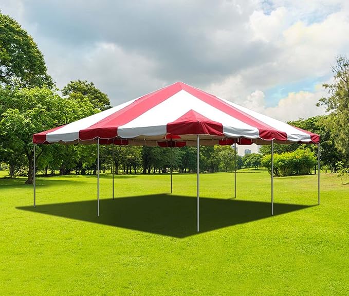 Party Tents Direct 20'x20' Weekender West Coast Tent Frame Party Tent (Red/White) PVC Top with Storage Bag - Tents for Parties, Weddings, Birthdays, Banquets, Fiestas, Workshop, Outdoor Event
