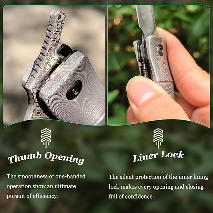 KATSU Handmade Full Damascus Pocket Knife,3" Damascus Blade Bamboo Style Men Women Folding Knife with Clip Linner Lock, Japanese Razor Work Knife with Leather Sheath Camping Hiking