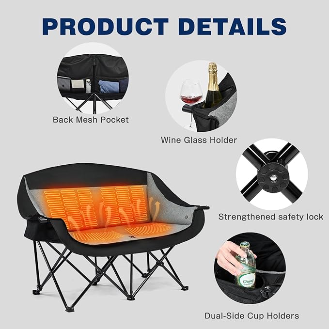 apollo walker Heated Double Camping Chair - Heavy Duty 600lbs Camping Couch with Adjustable Heating, Dual Cup Holder & Carry Bag, Loveseat Camping Chair for Outdoor, Lawn, Concert, Backyard, Park