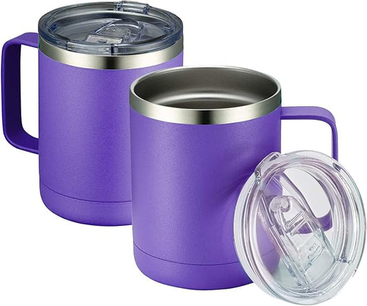 MEWAY 12oz Coffee Mug With Handle 2 Pack Bulk,Stainless Steel Insulated Travel Tumblers With Sliding Lid,Double Wall Vacuum Camping Cup for Hot & Cold Drinks Tea (Purple,Set of 2)