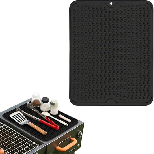 Silicone Grill Mat for Blackstone, Silicone Side Shelf Tool Mat, Outdoor BBQ Spatula Mat, with Drip Pad Kitchen Countertop Heat Resistant Mat, Griddle Accessories (Black)