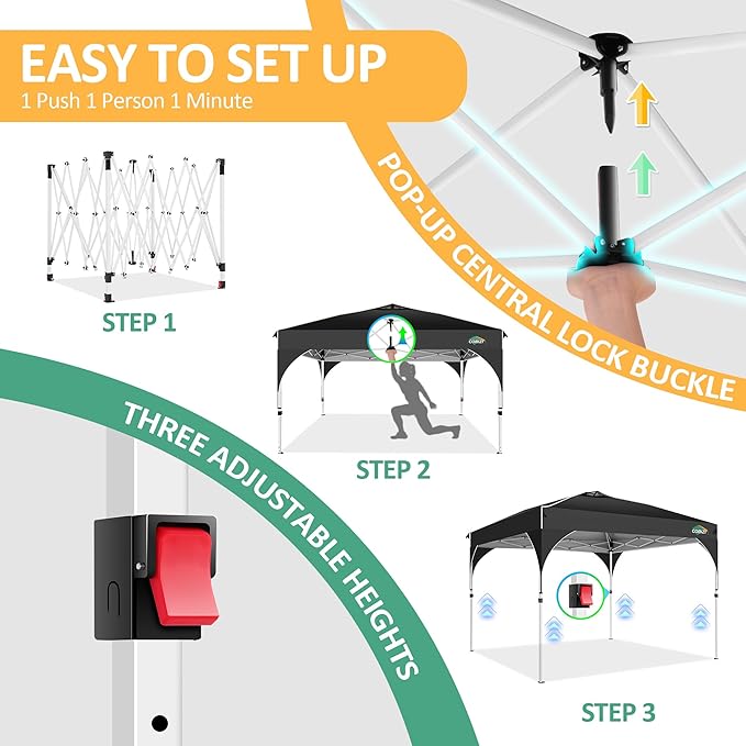 COBIZI Canopy Tent 10x10, Easy Up 10x10 Pop Up Canopy for Party Camping, Party Tents with One Push Central Button Air Vent, Outdoor Gazebo Tent with Sidewalls and Reflective Strip(Black)