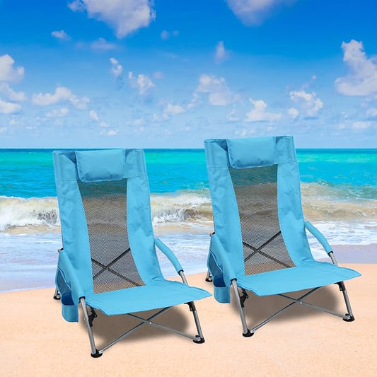 BESTHLS Low Beach Chairs for Adults 2 Pack, High Back Folding Sand Chairs for Beach, with Cup Holder & Carry Bag Lightweight and Portable for Outdoor, Camping, Lawn, Music Festival
