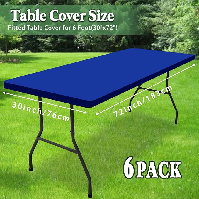 6 Pack Picnic Table Cover Elastic Fitted Tablecloths for 6 Foot Rectangle Tables Waterproof Stretch Washable Patio Folding Outdoor Spandex Tablecloth for Camping Banquet Parties (Royal Blue,30" x 72")