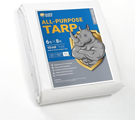 GUARD SHIELD Heavy Duty Tarp 6x8 Feet White Multi Purpose Thick Waterproof Poly Tarp Cover 10mil