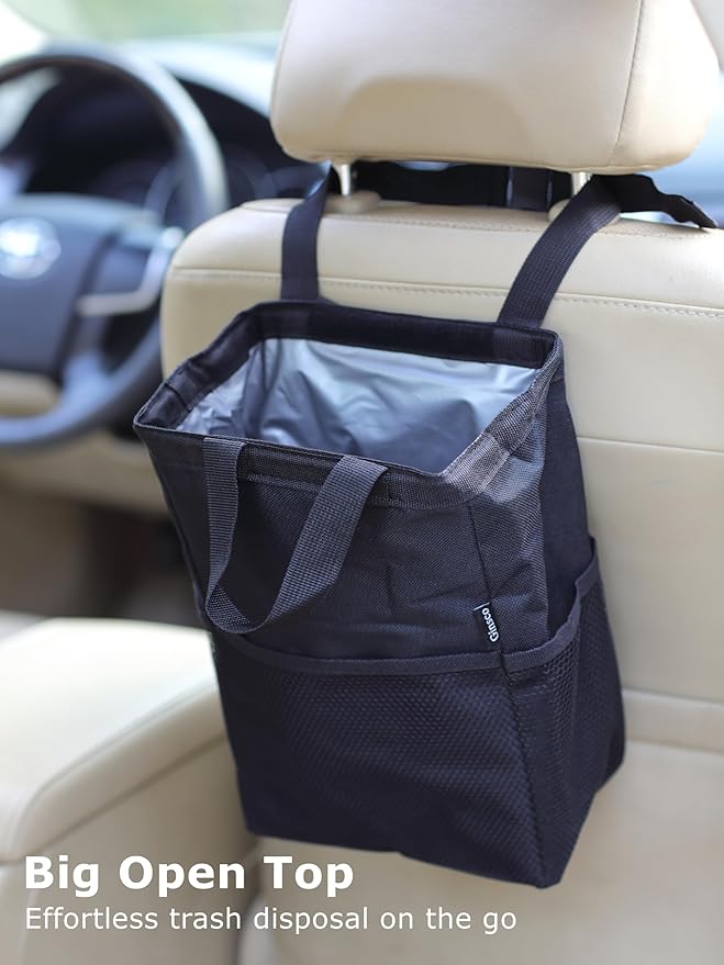 Ginsco New Leak-Proof Travel Trash Bag, Hanging Car Trash Can with Hook and Loop Lid and Handle, Multipurpose Trash Bin with Storage Pockets for Car SUV Truck RV Camping 2 Gallons, Black
