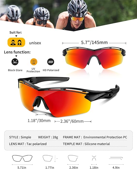 Rosemal Sports Sunglasses Polarized Cycling Sunglasses Running Driving Fishing Hiking for Men Women UV400 TAC TR90