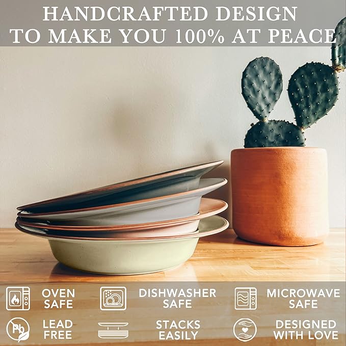 Mora Ceramic Wide Rimmed Soup Bowl 25oz, Set of 4 - For Pasta, Italian, Spaghetti, Dipping Bread, Fancy Dinner etc. Large Plate/Bowls Hybrid For Everyday & Restaurant Use, Flat Rim - Assorted Neutrals