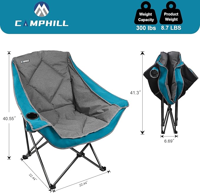 Folding Camping Chair,Oversized Portable Camping Chair with Cup Holder,Heavy Duty Padded Lawn Chair for Camping,Tailgates,Beach,and Sports,Lake Blue