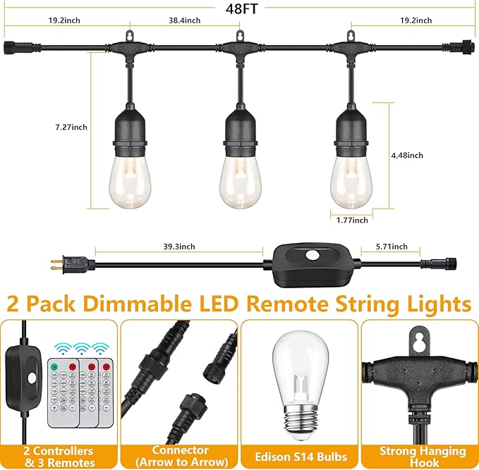 Mlambert 96Ft(2x48ft) 3-Color in 1 48Ft LED Dimmable Outdoor String Lights with Remote, Plug-in 2700K/4000K/5000K Waterproof Lights for Patio Cafe