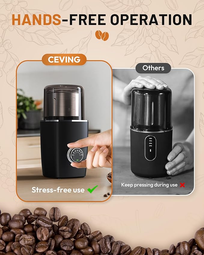 Hands-Free Blade Coffee Grinder, Cordless Coffee Mill with 5-30S Adjustable Grinding, Triple-Lock Safety & 1500mAh Rechargeable Battery with Removable Bowl, Portable for Camping, Travel, etc.