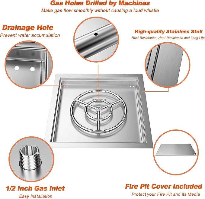 Skyflame 18 inch Square Stainless Steel Drop in Fire Pit Burner Pan with Burner Ring and Protective Cover