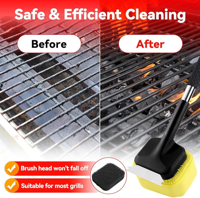 Grill Brush for Outdoor Grill, Bristle Free BBQ Brush with Durable Scraper for Cast Iron/Stainless-Steel Grates, 2 BBQ Replaceable Cleaning Head, Gifts for Men/Dad