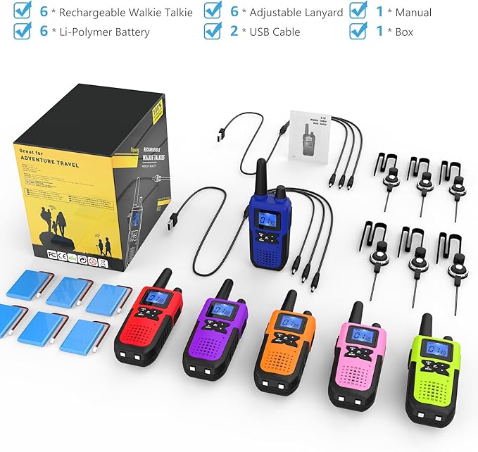 Walkie Talkies for Adults Long Range Rechargeable with NOAA Weather Alert, Multi-Purpose 2 Way Radios 6 Pack for Team Work Seniors Care Kids Adventure Family Camping Hiking Skiing Cruise