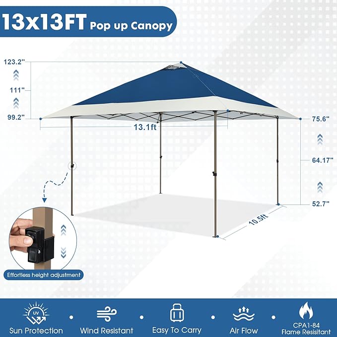 OUTDOOR LIVING SUNTIME 13x13 Instant Easy Pop Up Canopy,Portable Commercial Gazebo Camping Gazebo Tent Shelter with Wheeled Roller Carry Bag, Bonus Weight Sandbags, Stakes, Ropes - Navy