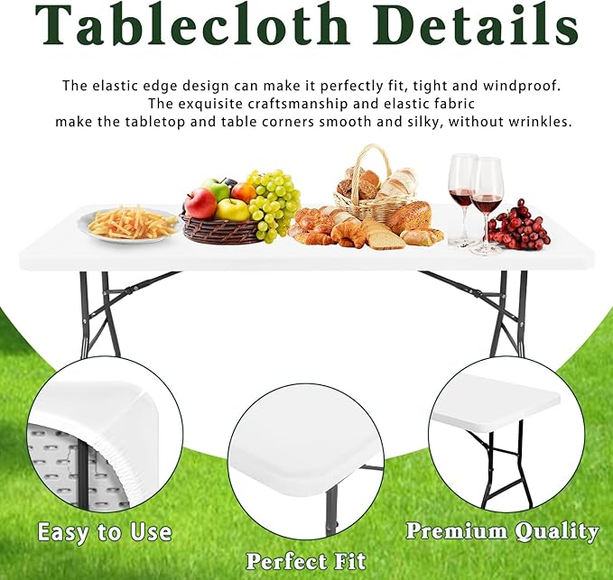 6 Pack Picnic Table Cover Fitted Tablecloths 6 Foot Rectangle Tables Elastic Waterproof Stretch Washable Patio Folding Outdoor Spandex Table Cloth for Camping Banquet and Parties (White,30" x 72")