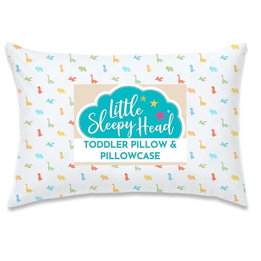 Little Sleepy Head Toddler Pillow with Pillowcase 13x18 - Kids Pillow for Sleeping - Better Neck Support Ergonomic Pillow and Toddler Pillowcase - Best Pillows for Kids (Little Dinos)