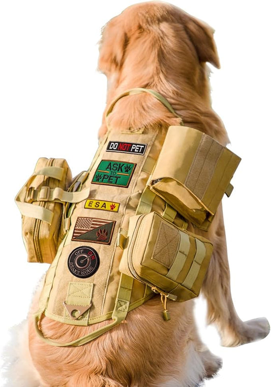 AIWAI Tactical Dog Harness with Pouches,Dog Vest Harness for Large Medium Dogs No-Pull Adjustable Military Dog Harness with Handle Walking Hiking Training (Khaki, S)