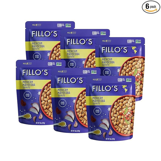 Fillo's Mexican Mayocoba Beans - Ready to Eat Beans, Gluten-Free, Preservative-Free, Microwavable, Non-GMO, Vegan Friendly, Plant Protein, 10 oz Pk of 6
