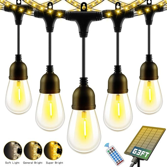 63FT Multi-Function Solar LED String Lights for Outdoor Use - 13 Lighting Modes | Waterproof IP65 | Remote Timer | Perfect for Christmas Decor | Warm White | Transparent Wire Design