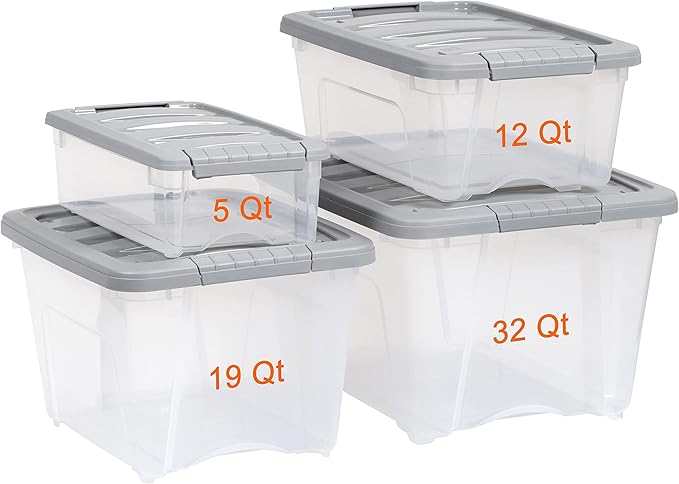Amazon Basics Plastic Storage Containers with Secure Latching Lids, Stackable Organization Bins, Clear/Grey, 12 Quart, Set of 6
