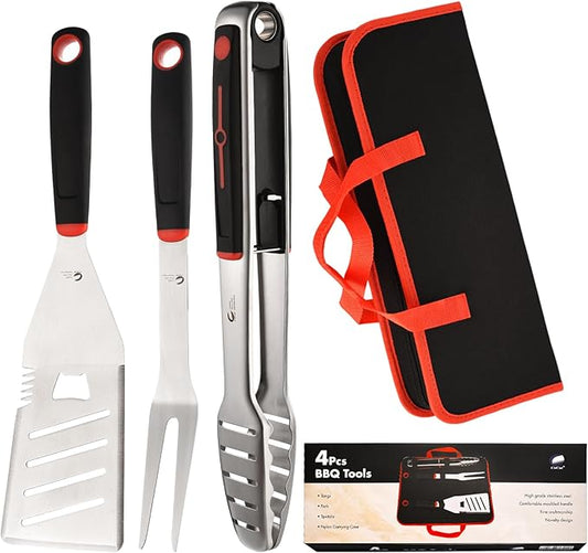 BBQ Tools Set, 4 PCS Heavy Duty Stainless Steel Spatula, Fork, Tongs with Portable Bag, Essential Accessories for Barbecue Outdoor Grill, Grilling Gifts for Men Dad Camp Chef