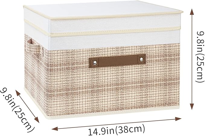TYEERS Collapsible Storage Bins with Lids, Patchwork Design, Washable, Fabric Storage Boxes, 14.9x9.8x9.8 inches, 5 Pack, Camel Tan