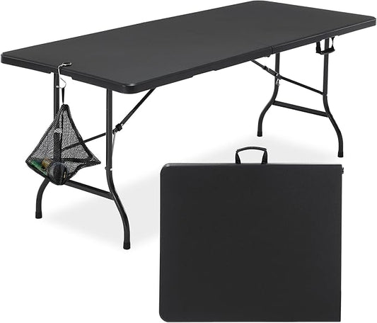 VECELO 6Ft Plastic Folding Table, Indoor Outdoor Portable Picnic Foldable Desk with Handle, Mesh Trash Bag&Lock Legs Heavy Duty for Camping,Dining&Party,Jet Black