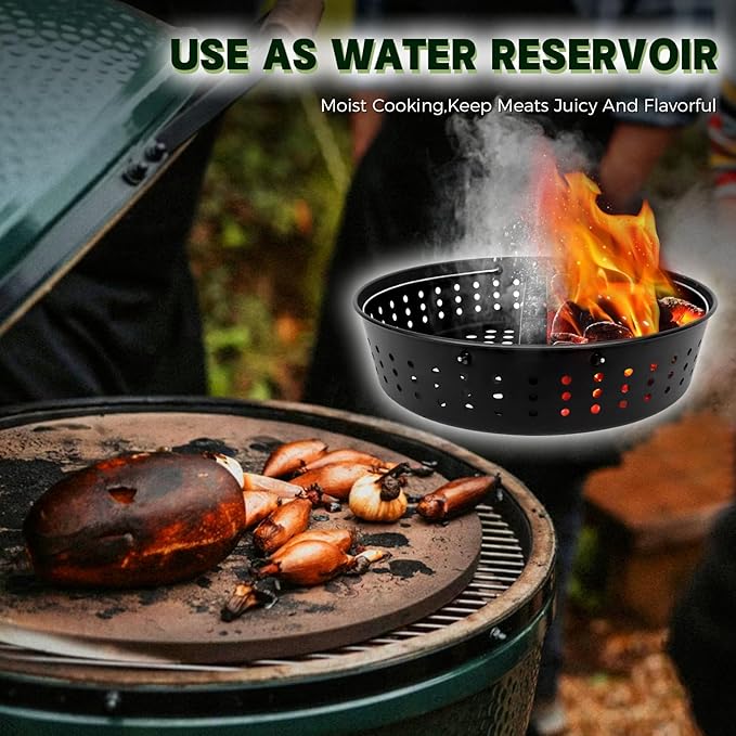 KAMaster Charcoal Basket for XLarge Green Egg with Divider,Heavy Duty Carbon Steel Fire Bowl with Removeable Water Reservoir Compatible with XLarge Green Egg,Charcoal Ash Basket with Foldable Handle