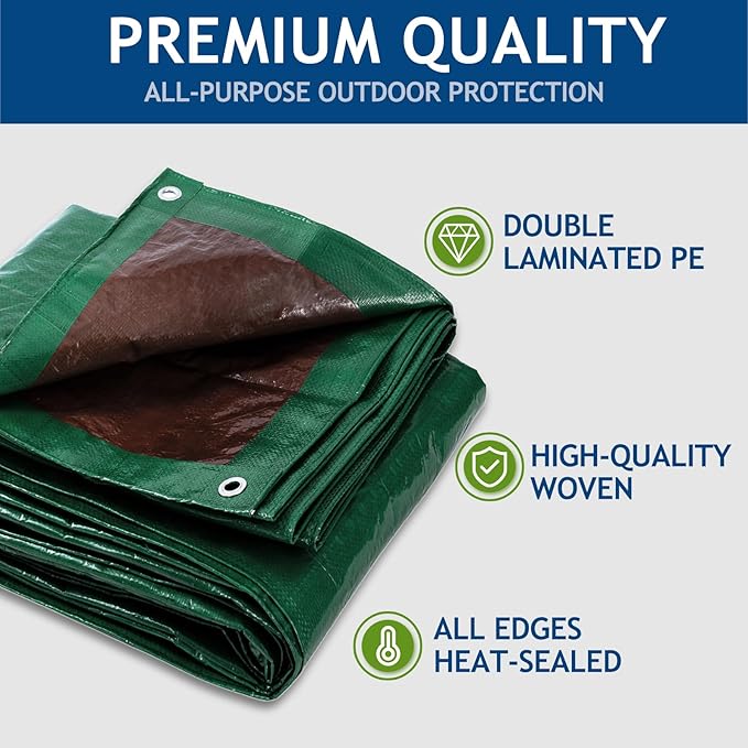 2 Pack 8' x 10' Waterproof Tarps, Finished Size Tarp Cover with Grommets Reinforced Edges, 5 MIL Multipurpose Light Duty Tarpaulin for Car, Camping, Boat, Roof, Protective Cover - Green