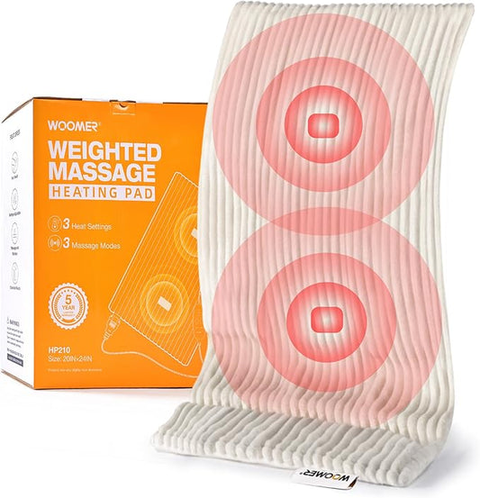 WOOMER Weighted Massage Electric Heating Pad for Back Pain, Neck and Shoulders Cramps Relief, 17’’x33’’, 3.7lb BPA-Free and Non-Toxic Beads, 4 Heat Settings, 4 Massage Modes, 2h Auto-Off