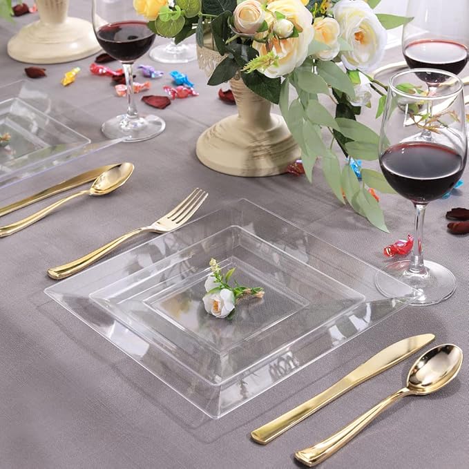 WDF 60PCS Clear Plastic Plates - Square Disposable Dessert/Salad Plates- 7inch Plastic Appetizer Plate for Wedding &Parties