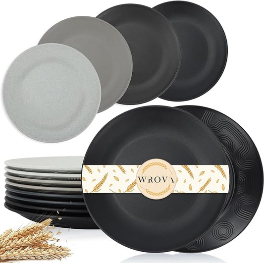 Wheat Straw Dinner Plates 10 Inch Unbreakable Set of 8 - Dishwasher & Microwave Safe Plastic Plates Reusable - Lightweight Plates for kitchen,camping,salad - Black to Grey