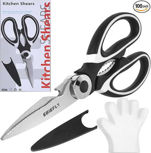 Kitchen Scissors Utility Chopping Scissor Professional Shears for Meat Cutting Sharp Kitchenaids Shears Multipurpose Scissor for Food Outdoor BBQ No Rust + 100 Pcs Plastic Gloves Disposable