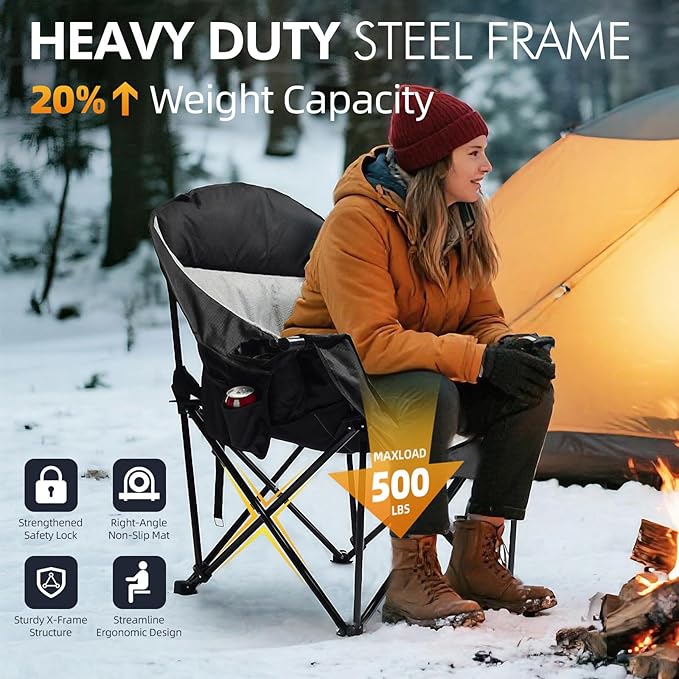 Heated Oversized Camping Chair - Heavy Duty Padded Folding Camping Chairs for Adults with Cooling Bag, Side Pocket, Cup Holder and Carry Bag for Outdoor Sports Lawn Fishing Garden Portable