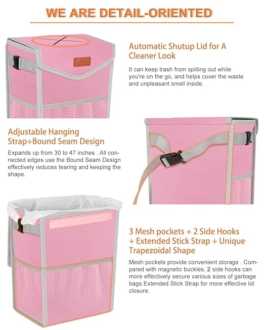 Car Trash Can with Lid, Cute Leakproof Car Trash Garbage Bag Hanging Vehicle Trash Bin Small Portable Automotive Garbage Cans Organizer for Back/Front Seat(Trapezoid,Pink
