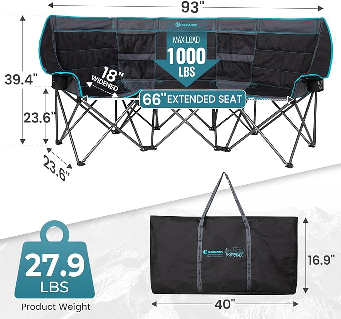 FUNDANGO Double Camping Chair with Cooler, 3 Person Folding Oversized Loveseat Camp Chairs for Adults Fully Padded Couch with Cup Holder for Outdoor Lawn Beach Patio Support 1000 LBS Black/Blue