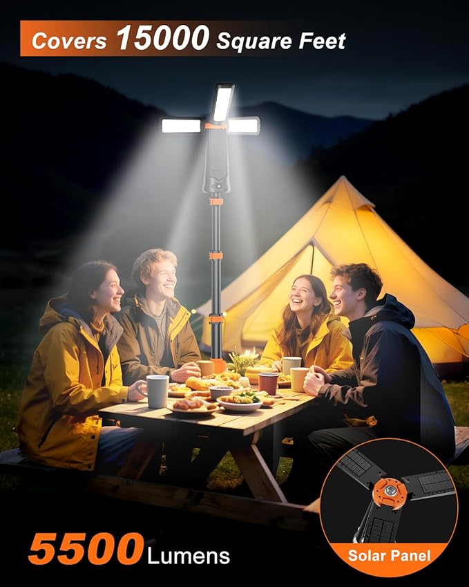 Camping Light with Stand 85.9" Rechargeable Cordless 5500 High Lumens LED Work Light, 10000mAh Solar Magnetic Waterproof Emergency, Dimmable Camping Essentials Gear with Detachable Tripod